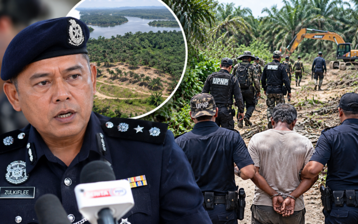 Gabungan gambar pegawai polis memberi kenyataan dan anggota penguat kuasa dalam operasi di Tasik Bera.