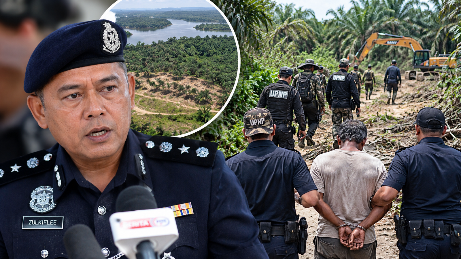 Gabungan gambar pegawai polis memberi kenyataan dan anggota penguat kuasa dalam operasi di Tasik Bera.